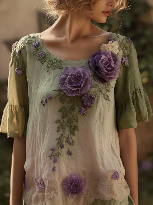 Chemise en lin brodée à fleurs élégante pour femmes