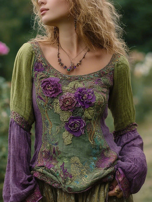 Women's Vintage Elegant Floral Embroidered Linen Shirt