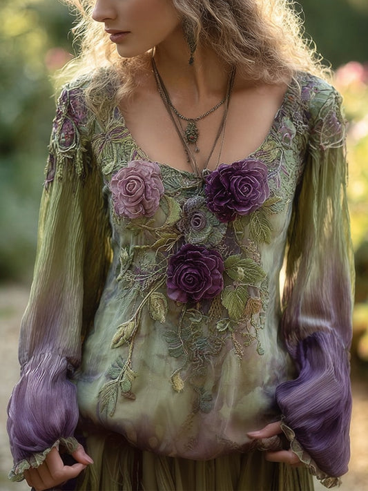 Chemise vintage brodée florale élégante pour femmes