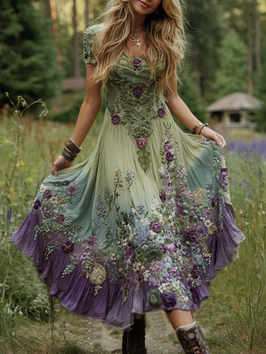 Lavande pourpre de gradient chic des femmes et robe maxi courte imprimée florale