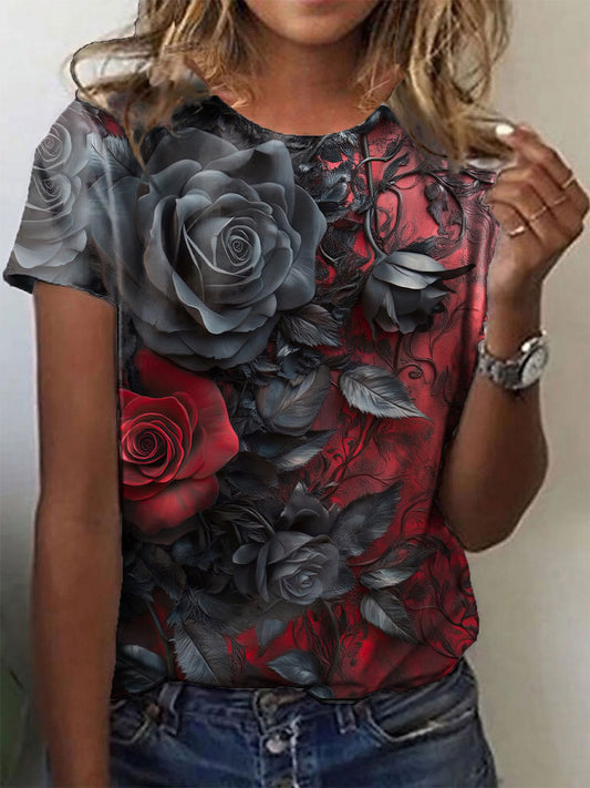 T-shirt Halloween Gothic Rose Rouge Sang Femme