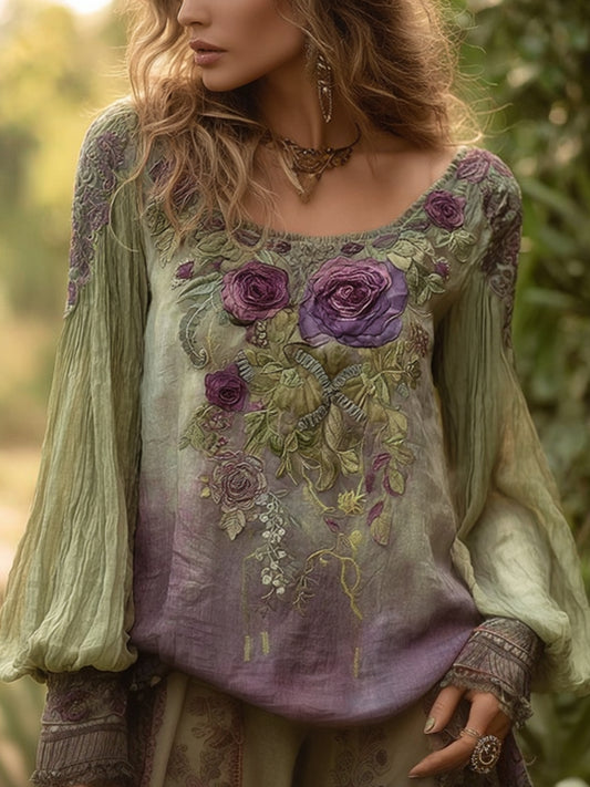 Chemise vintage brodée florale élégante pour femmes