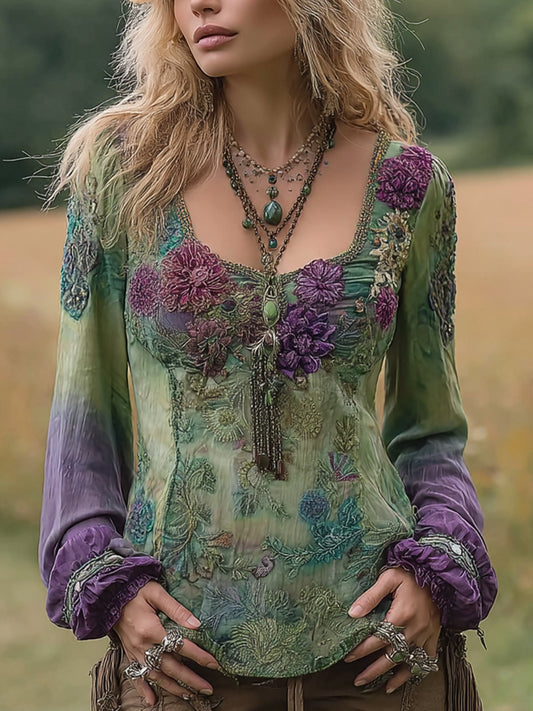 Women's Vintage Elegant Floral Embroidered Linen Shirt