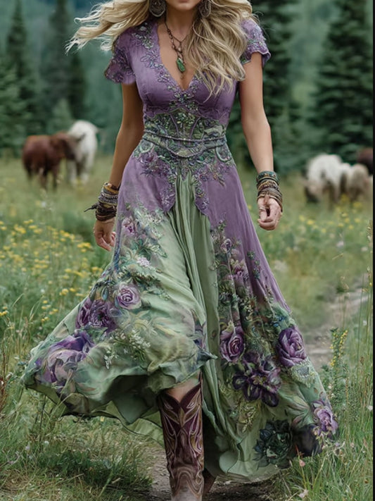 Lavande pourpre de gradient chic des femmes et robe maxi courte imprimée florale