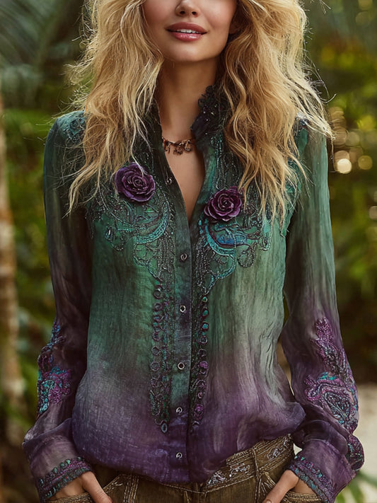 Chemise élégante à broderies florales vintage pour femmes