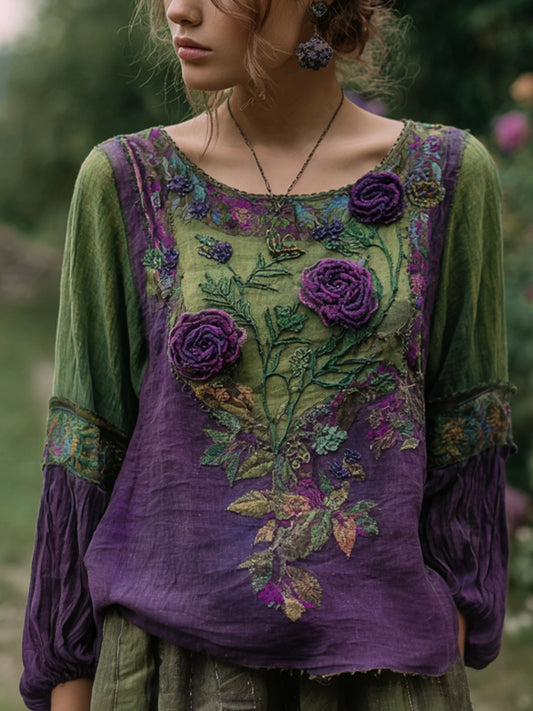 Women's Vintage Elegant Floral Embroidered Linen Shirt