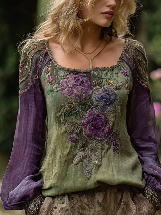 Women's Vintage Elegant Floral Embroidered Linen Shirt