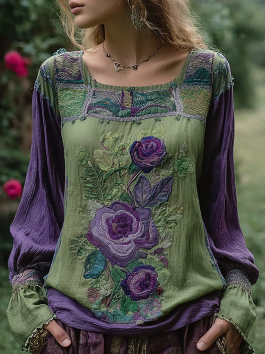Women's Vintage Floral Embroidered Linen Shirt