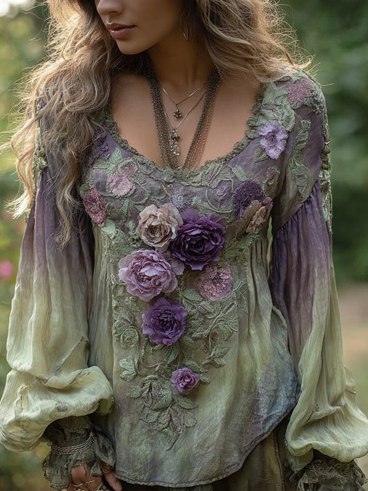 Chemise en lin brodée à fleurs élégante pour femmes