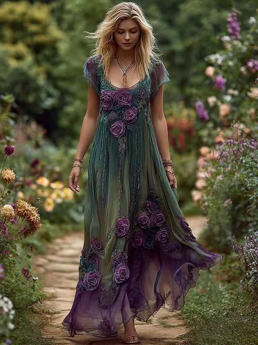 Élégant Floral brodé lin Maxi robe des femmes