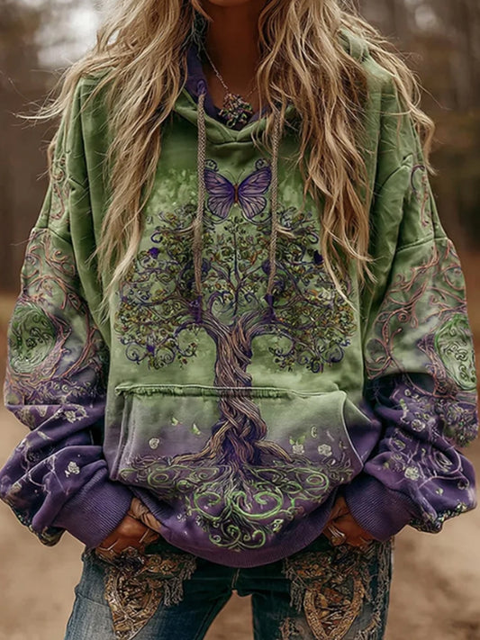 Sweat à Capuche Décontracté Viking Tree Of Life Dégradé Imprimé Femme