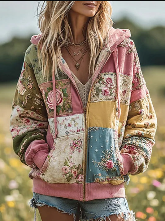 Vintage Floral Patchwork confortable chaud Zipper Hoodie des femmes