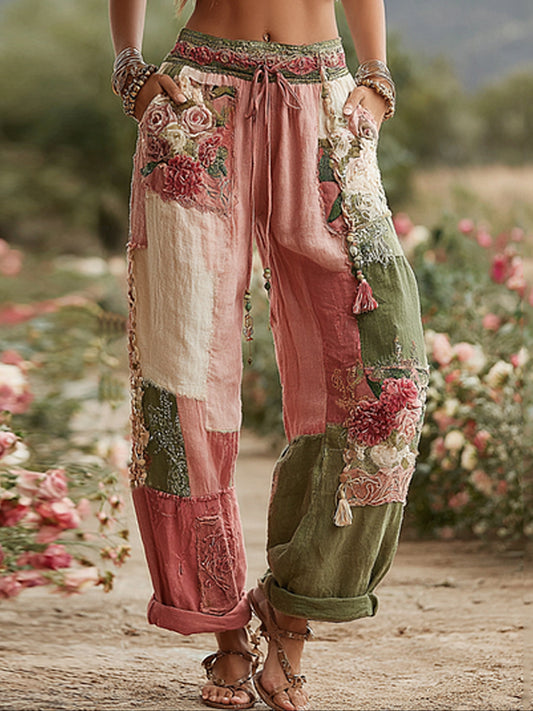 Femmes Vintage Rose et Floral Patchwork Art Lin Pantalon