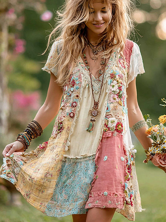 Rétro Floral Splicing coton et lin robe courte des femmes