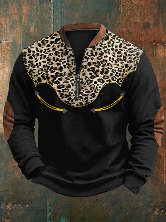 Sweat-shirt à fermeture éclair décontracté imprimé léopard rétro pour hommes