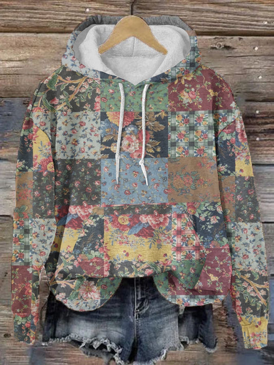 Vintage Floral Patchwork confortable chaud Zipper Hoodie des femmes