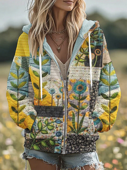 Vintage Floral Patchwork confortable chaud Zipper Hoodie des femmes