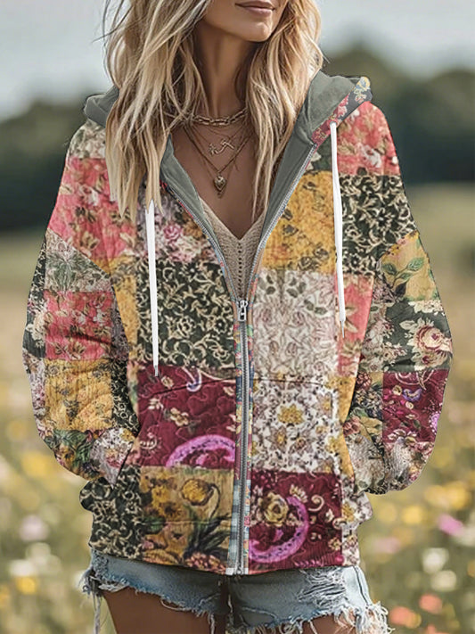 Vintage Floral Patchwork confortable chaud Zipper Hoodie des femmes