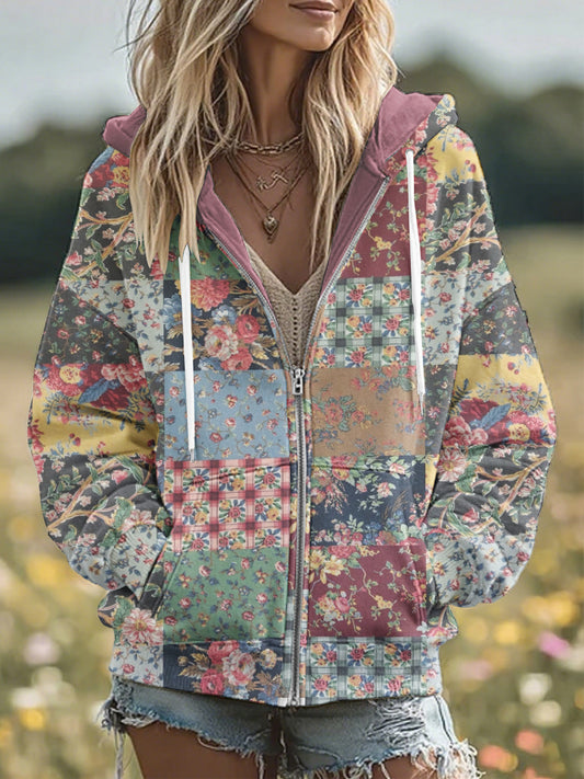 Vintage Floral Patchwork confortable chaud Zipper Hoodie des femmes