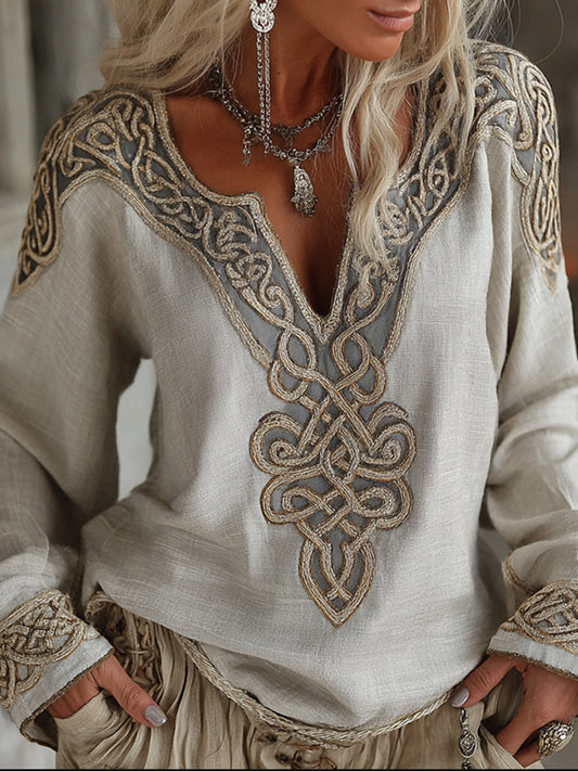 Vintage Viking celtique noeud brodé Art confortable lin chemise des femmes