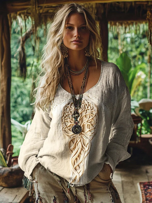 T-shirt Vintage en coton et lin pour femme Viking Tree Of Life Art