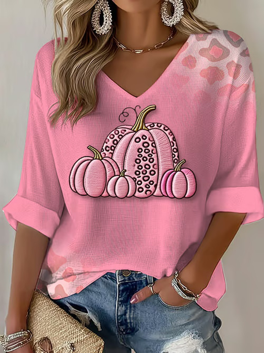 T-shirt Décontracté Femme Rose Citrouille Imprimé Cancer Du Sein