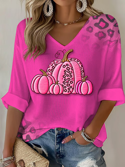 T-shirt Décontracté Femme Rose Citrouille Imprimé Cancer Du Sein