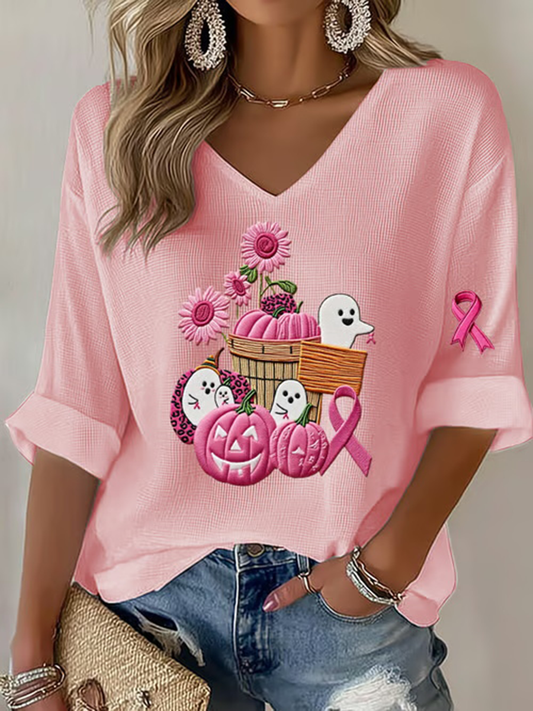 T-shirt Décontracté Femme Rose Citrouille Imprimé Cancer Du Sein