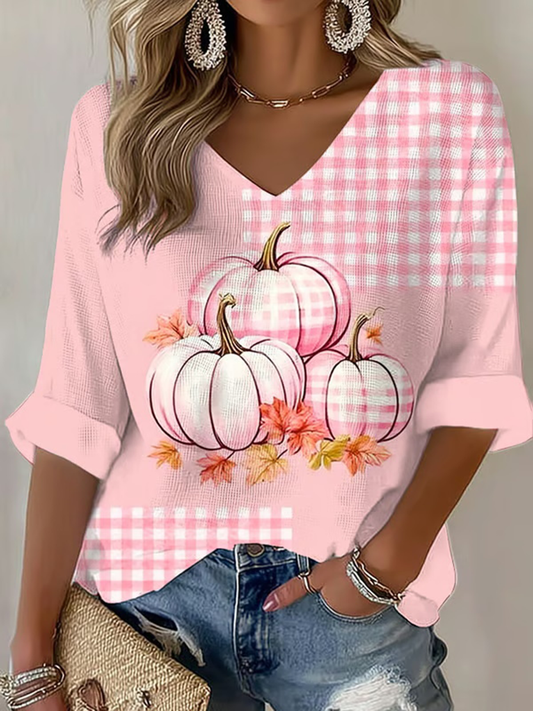 T-shirt Décontracté Femme Rose Citrouille Imprimé Cancer Du Sein