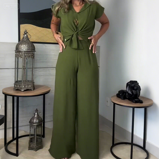 Pantalon extensible à jambes larges pour femmes avec cordon à la taille