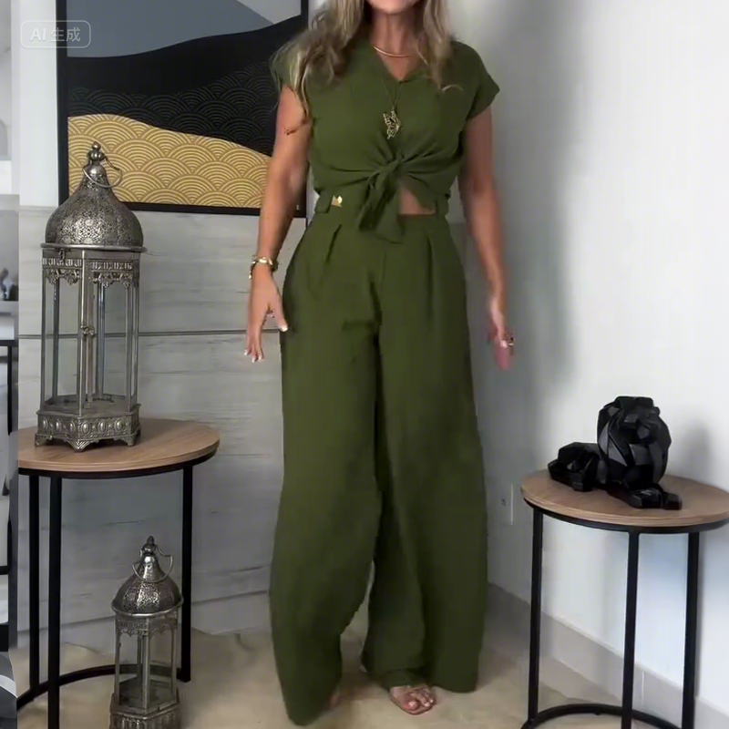 Pantalon extensible à jambes larges pour femmes avec cordon à la taille