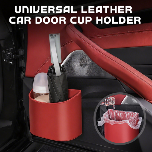 🥳PROMOÇÃO QUENTE DE 2026🥳💞Suporte para copos em couro para a porta do carro – Abertura larga, fácil acesso a bebidas e ao telemóvel. Fixação segura com clipe. Couro PU, resistente e elegante. 🛡️✨