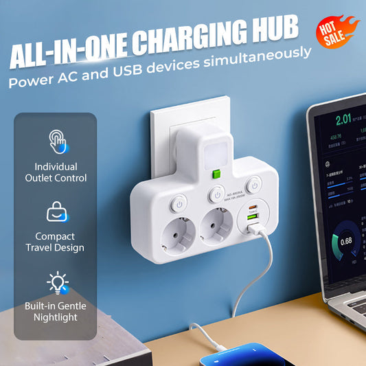 Tomada adaptadora com 4 tomadas, tomada múltipla com interruptor independente e pequeno adaptador para luz noturna