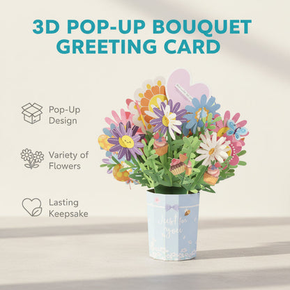 Cartão comemorativo com bouquet pop-up 3D