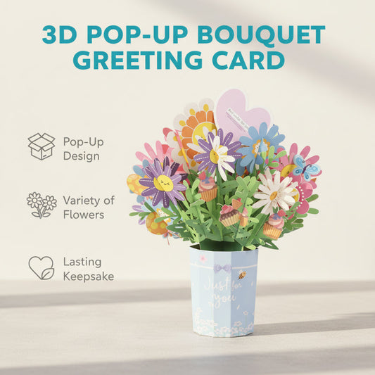 Cartão comemorativo com bouquet pop-up 3D