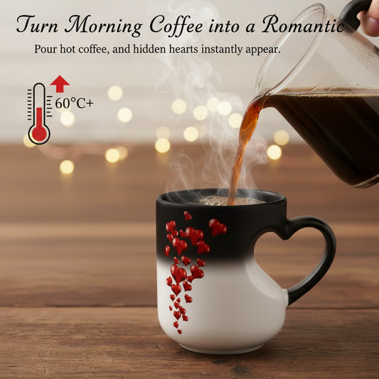☕Caneca de cerâmica com pega em forma de coração, que muda de cor – ideal para o Dia dos Namorados ❤️