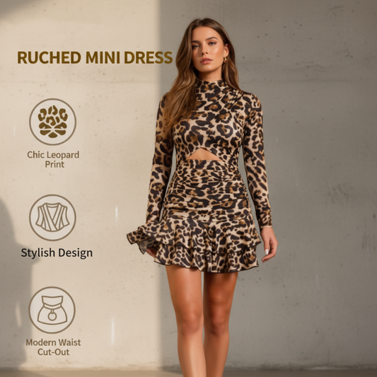 ⏳Oferta por tempo limitado⏰Mini vestido com estampa de leopardo e franzido – Tecido elástico suave, franzido que valoriza a barriga. Estampa chique, comprimento divertido. Perfeito para jantares ou festas. 🐆✨
