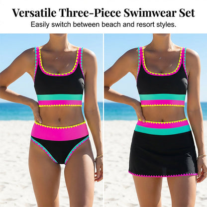 👙🌊 Conjunto de biquíni de 3 peças para mulher – Cintura alta, blocos de cor e padrão em ziguezague para a praia e as férias