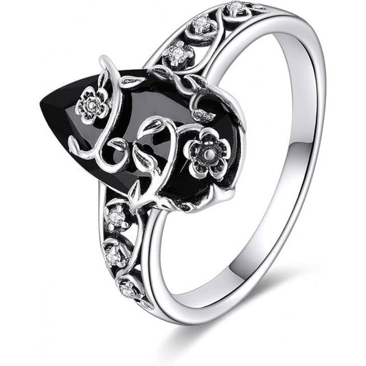 💍60% DE DESCONTO AGORA! 🌿 Anel com motivo floral vintage – Pedra preta em forma de lágrima, detalhes brilhantes e banda com aberturas ✨