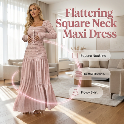 👗 50% OFF NOW! 💕 Square Neck Maxi Dress – Flattering Fit, Soft Fabric, and Perfect for Any Occasion 🌸