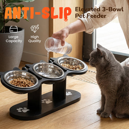 Comedouro antiderrapante e elevado para animais de estimação com 3 tigelas
