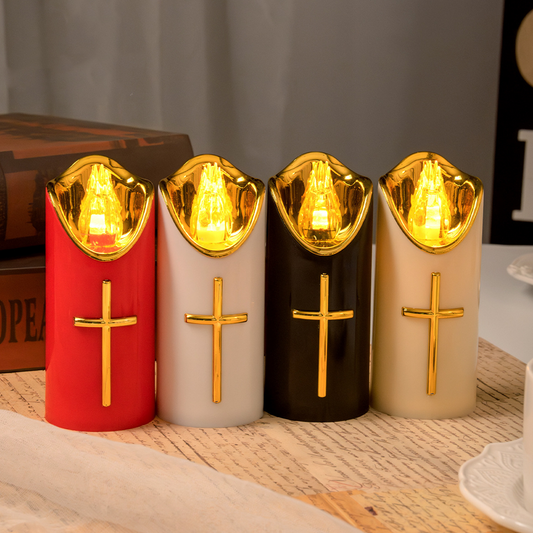 Vela LED em forma de coluna sem chama com cruz dourada