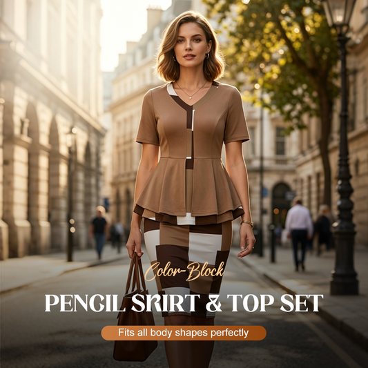 👗50% DE DESCONTO AGORA! 🤍Conjunto de saia lápis e top em blocos de cor – Realça a silhueta, é elegante e perfeito para o escritório, jantares e ocasiões especiais – Conjunto versátil de duas peças ✨