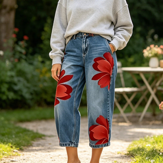👖 DESCONTO DE 50% POR TEMPO LIMITADO! ✨ Calças de ganga femininas com padrão floral e perna larga – Apliques exclusivos, macias, 6 cores 🌸