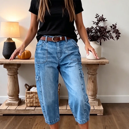 👖 50% DE DESCONTO | Calças de ganga casuais elásticas curtas para mulher – Corte largo e descontraído, cintura média e design com vários bolsos, tamanhos S–3XL ✨🛒