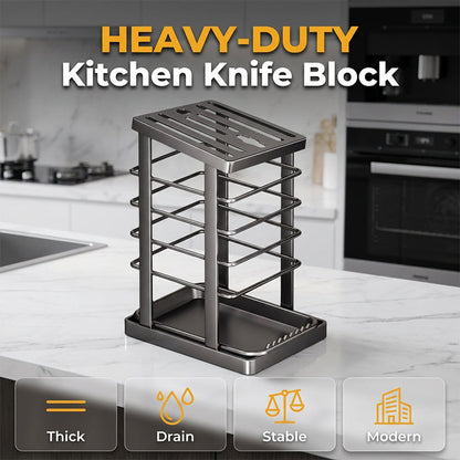 Suporte para facas de cozinha em metal reforçado — Com tabuleiro coletor integrado, para que a sua cozinha fique sempre seca e arrumada 🔪