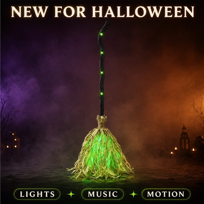 🧙 Decoração animada de Halloween em forma de vassoura de bruxa, com luzes e som