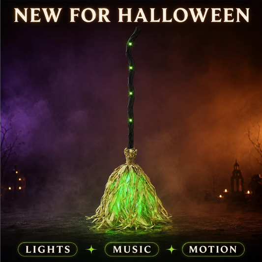 🧙 Decoração animada de Halloween em forma de vassoura de bruxa, com luzes e som