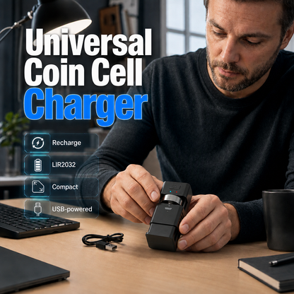 Recarregue pilhas de moeda em qualquer lugar! Carregador de bolso USB-C com um único botão