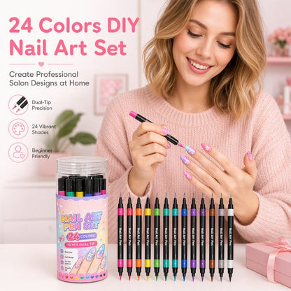 💅 DESCONTO DE 50% POR TEMPO LIMITADO! 💥 Conjunto de 24 canetas de duas pontas para nail art – Criativas, com qualidade de salão, fáceis de usar em casa ✨
